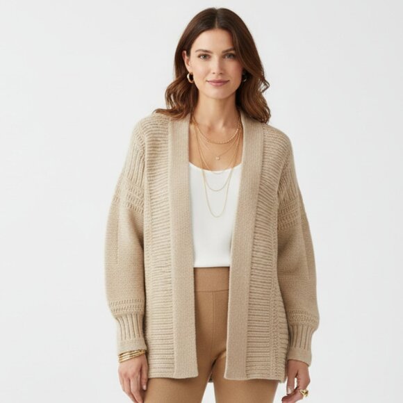Lafayette 148 Wool & Cashmere Blend Tan Knit Open Front Cardigan M/L - Picture 1 of 7